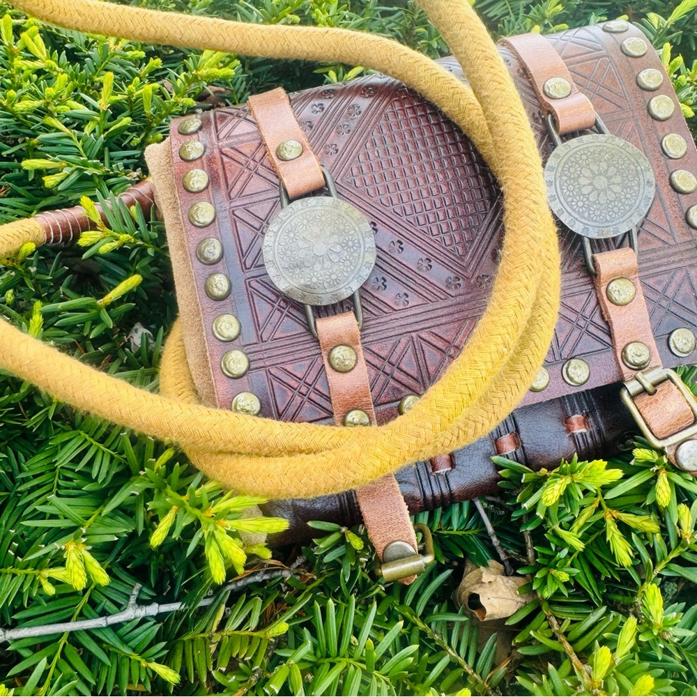 Brown Embossed Leather Crossbody Bag with Brass Accents - Picture 7 of 12